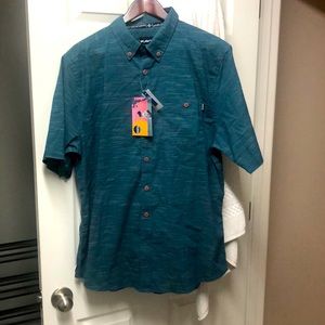 KAVU blue short sleeve button down tee shirt.
